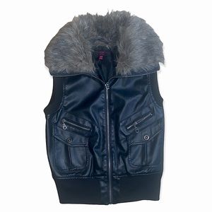 Faux leather vest with fur neck trim